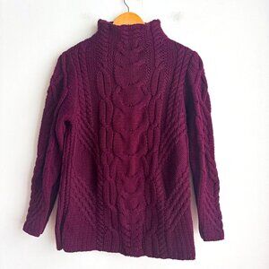 Aran Mor Merino Wool Burgundy Cableknit Mock Neck Sweater L